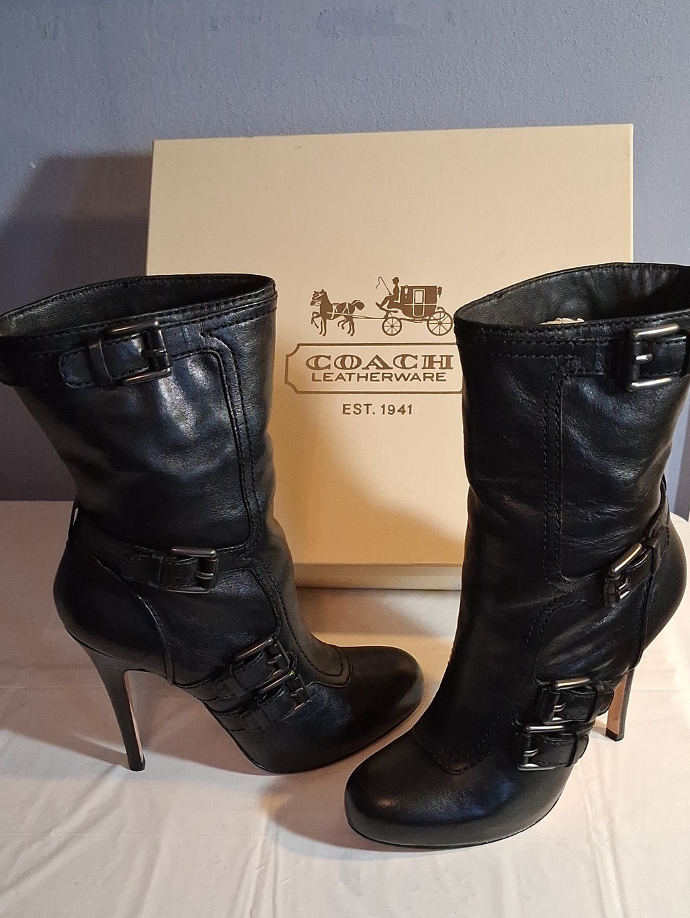 Coach Black Leather Mid-Calf Buckle Heel Boots